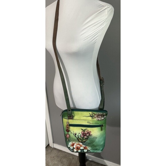 Anuschka Hand Painted Leather Handbag Peacock Floral Design Crossbody Purse - Picture 2 of 15